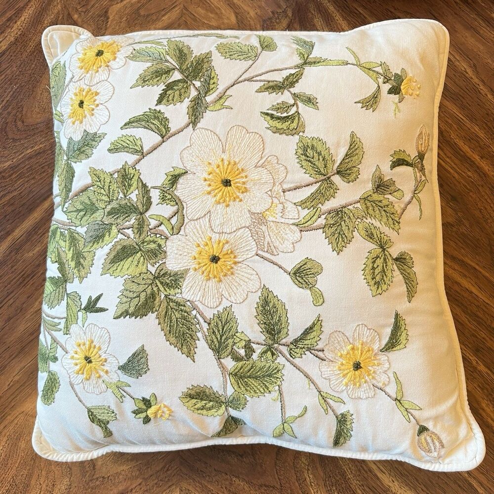 Pottery Barn Embroidered Floral Throw Pillow 13x14 Green Yellow Cotton